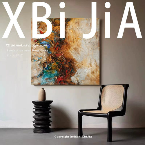 BJ.paint《金玉满堂》原创新中式手绘抽象油画客厅餐厅正方形挂画