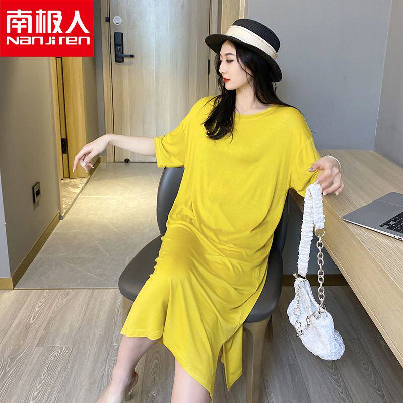 南极人夏莫代尔睡裙短袖中长款睡袍睡衣裙宽松加大码家居服连衣裙
