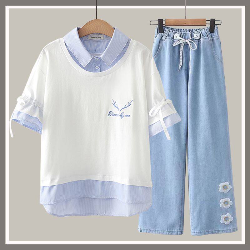 初中生夏装新款衬衫领短袖单/套装假两件少女孩大童休闲运动套装