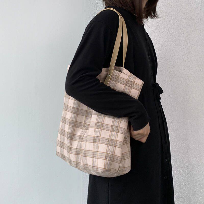 格纹帆布袋方格子帆布包女单肩夏文艺设计感清新大容量手提学生自