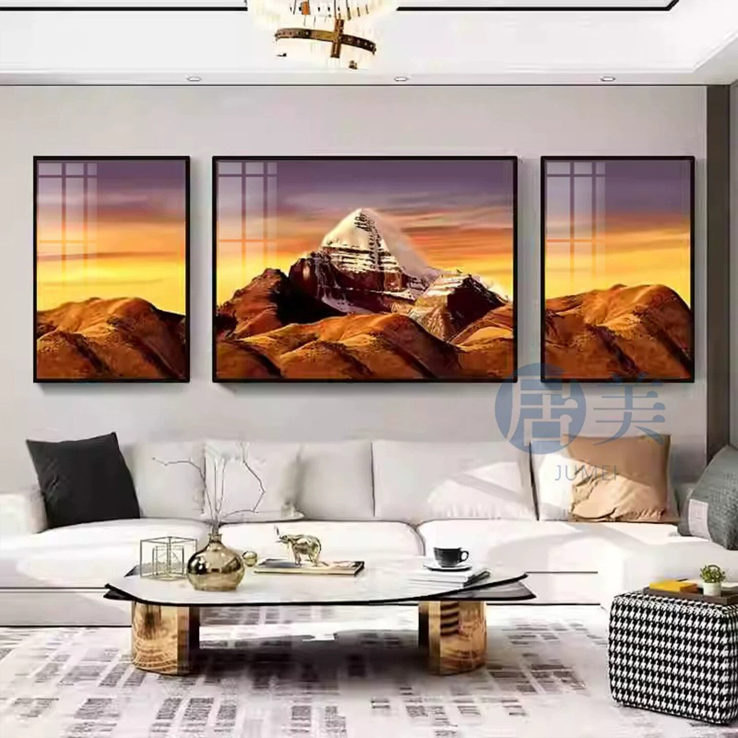 现代藏式装饰画客厅沙发三联背景墙挂画大气金山冈仁波齐风景壁画