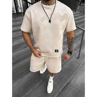 Mens Solid Color Textured Letter Patched Round Neck Tee