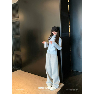 SUNONEONE 立领螺纹坑条蓝色针织开衫外套女春季新款修身显瘦毛衣