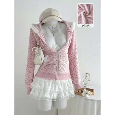 Womens Leopard Print Colorblock Wool Lined Hoodie Jacket