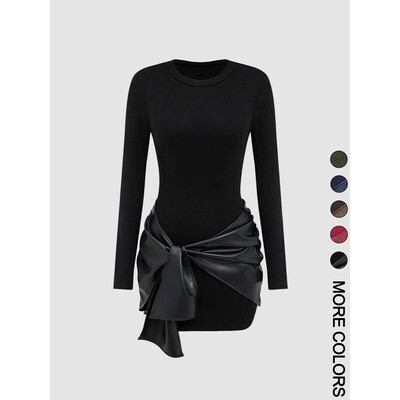 Womens patchwork knotted side ruched longsleeved mini dress