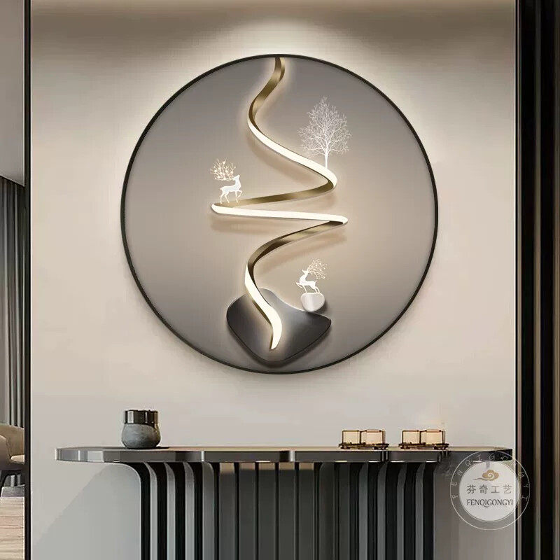 现代轻奢LED玄关装饰画圆形灯画客厅入户走廊过道招财鹿石来运转