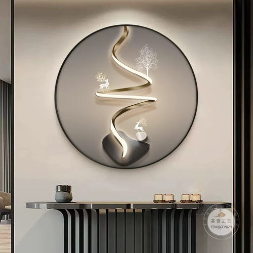 现代轻奢LED玄关装饰画圆形灯画客厅入户走廊过道招财鹿石来运转