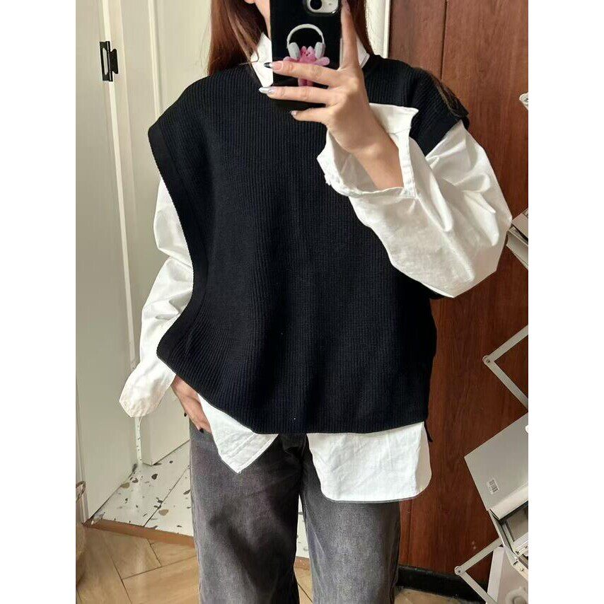 法式复古黑色针织马甲披肩背心女春秋绑带叠穿高级感短款外搭上衣