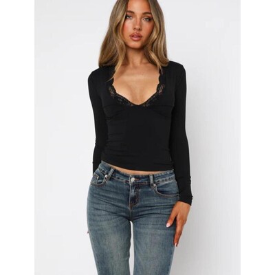 Womens Plain Contrast Lace V Neck Tee Elegant Casual Chic