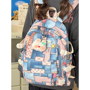 小众设计感牛仔布双肩包女高中学生初中生休闲百搭书包男个性背包