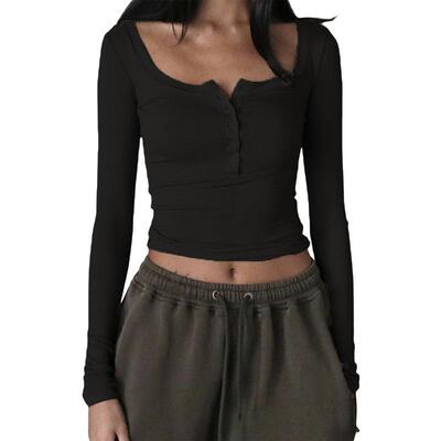 Women Knitted Henley Shirt Casual Solid Color Retro 12