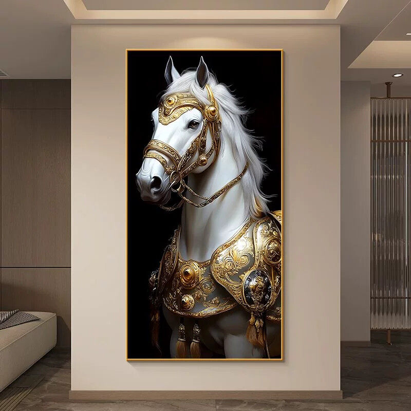 马到成功玄关装饰画轻奢高级感走廊过道挂画客厅白色骏马壁画竖版