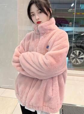2025新款宽松仿兔毛立领棉衣毛毛外套棉袄女款小个子外套女成人