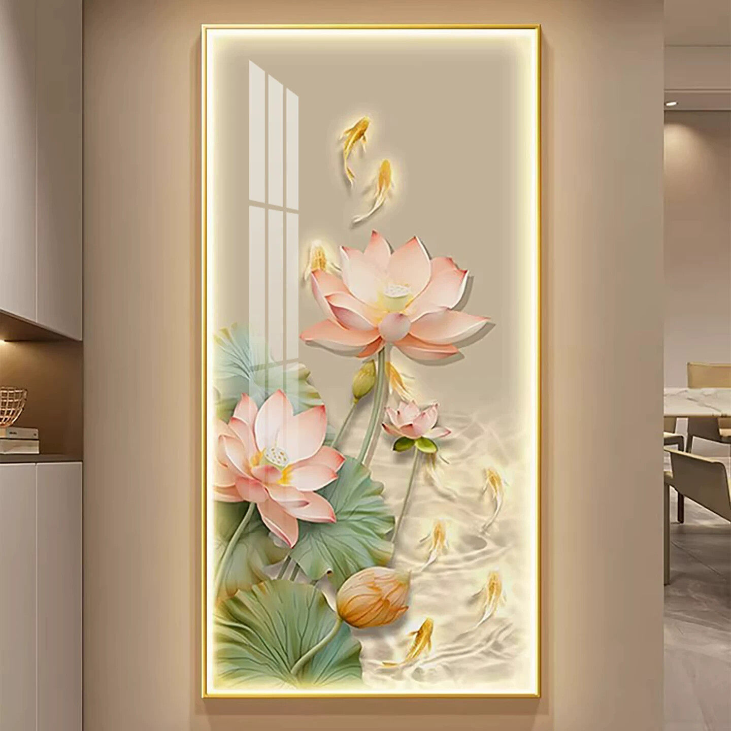 九鱼图荷花带灯玄关装饰画新中式入户正对门走廊过道挂画LED灯画