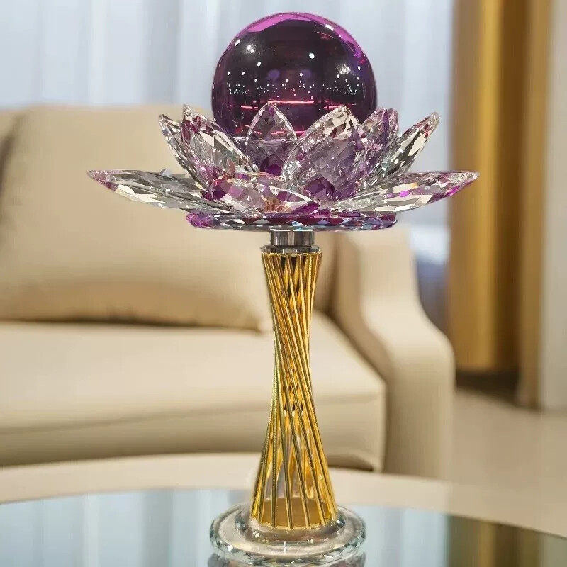 轻奢紫色莲花水晶球摆件k9水晶摆饰莲花底座