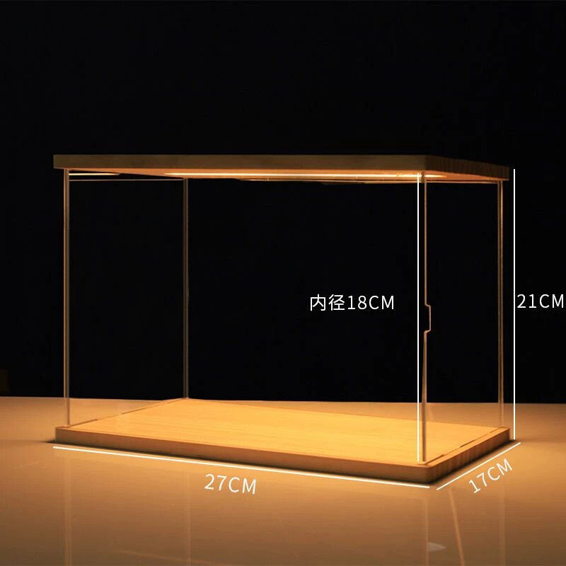 带灯亚克力透明展示盒泡泡玛特高档原木透明防尘展示盒客厅公仔柜