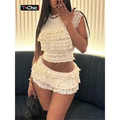 Womens Lace Trim Crop Top Skirt TwoPiece Set Solid Round