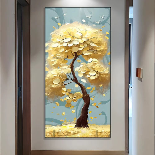 新款发财树装饰画新中式招财入户玄关走廊过道进门生财正对门挂画