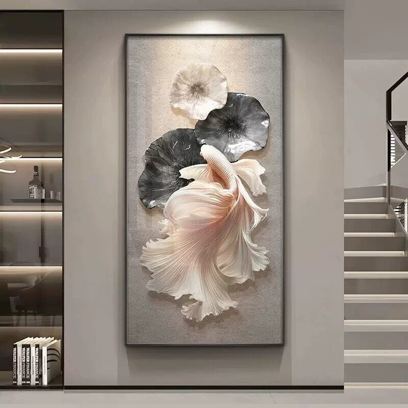 锦鲤玄关装饰画轻奢高级感走廊尽头挂画寓意好入户进门过道壁画灯