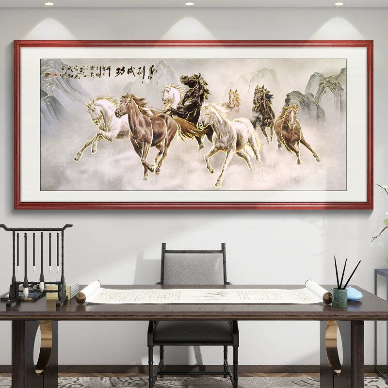 马到成功字画茶室挂画办公室装饰画客厅沙发背景墙八骏图浮雕壁画