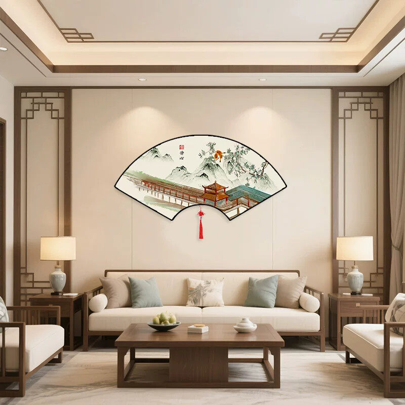 扇形扇面挂画中国结新中式客厅装饰画饭店背景墙柿子墙面壁画