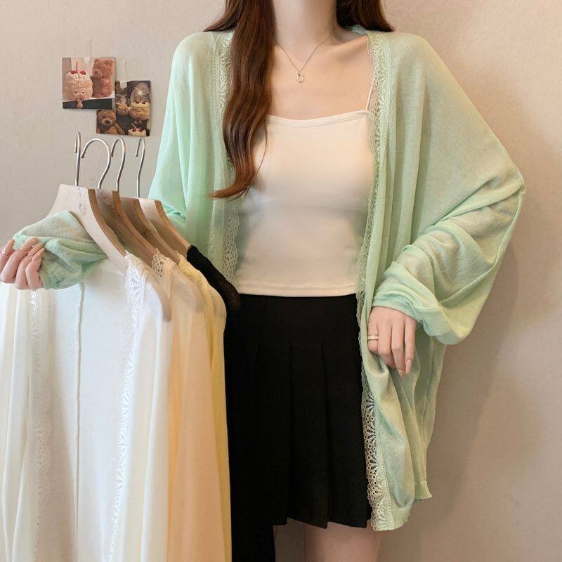 实拍大码夏季防晒衫女韩系中长款蕾丝花边外套开衫气质薄款长衫