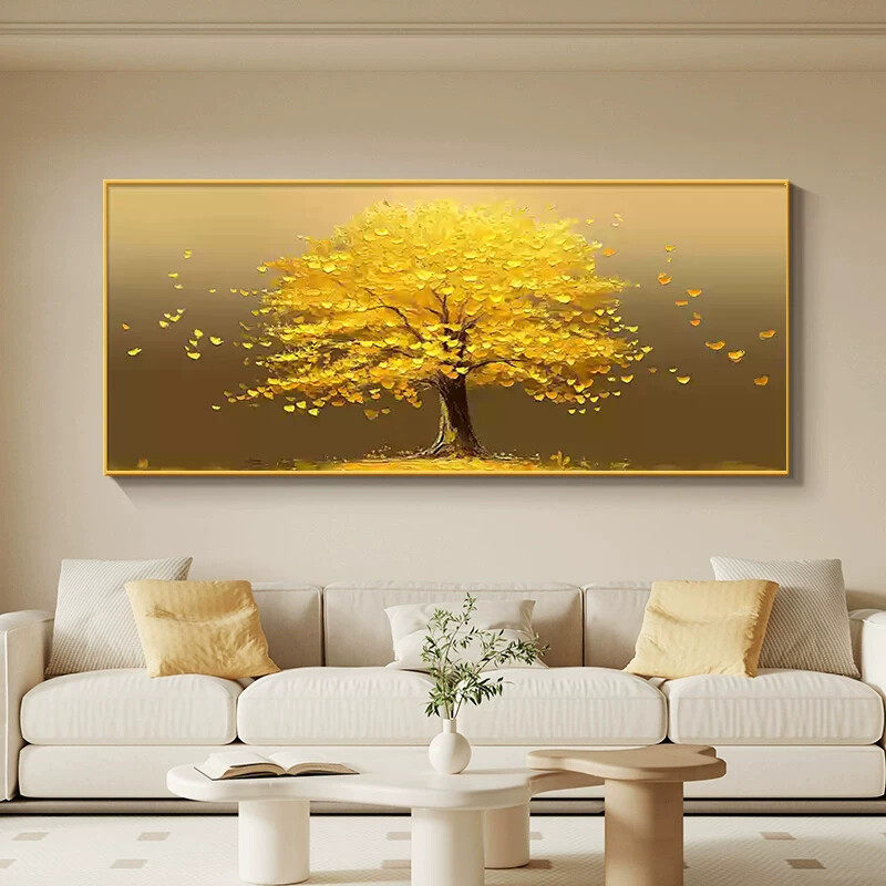 黄金发财树客厅装饰画现代轻奢风横版大幅沙发背景墙挂画招财壁画