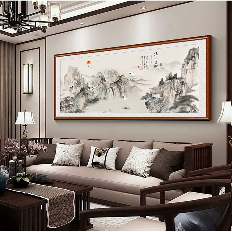 中堂山水画客厅茶室装饰画沙发背景墙挂画流水生财壁画中式国画