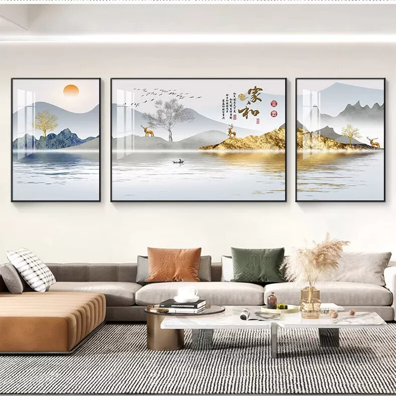 客厅装饰画新中式三联沙发背景墙挂画山水画轻奢现代简约壁画2025