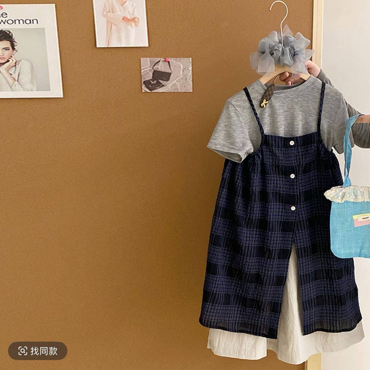 女童夏季套装简约中大童格子吊带连衣裙纯色短袖休闲阔腿裤三件套