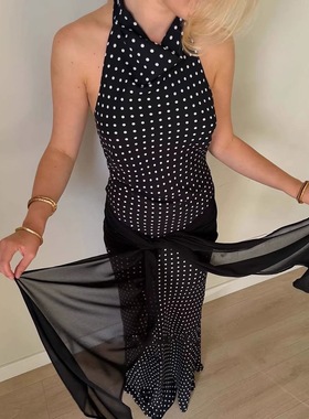 Elsa欧美女装新款时尚复古气质优雅波点挂脖露背连衣裙飘带长裙女