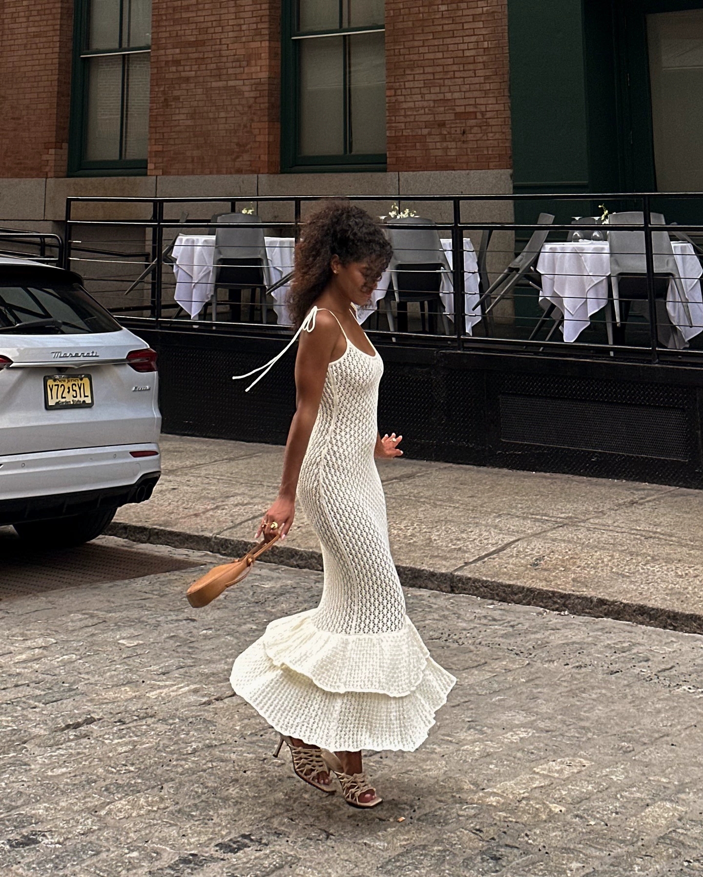 elsa欧美镂空新款性感度假波西米亚沙滩木耳边针织吊带蛋糕长裙女