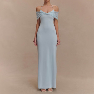 elsa欧美新款 一字领挂脖连衣裙性感网纱拼接收腰纯色露背长裙礼服