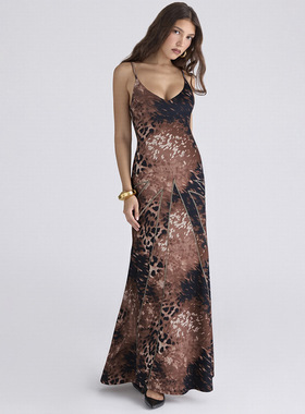 Elsa2026春季欧美新款女装时尚豹纹印花修身纯欲辣妹长款连衣裙女