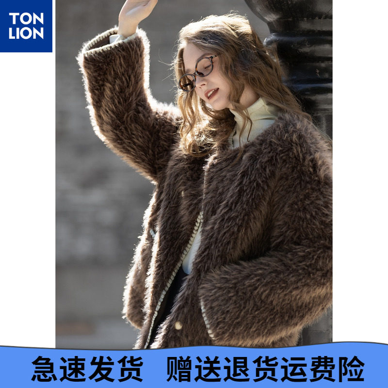 唐狮2025秋冬季短款厚外套女圆领撞色贝壳绣小香风毛茸茸保暖好看