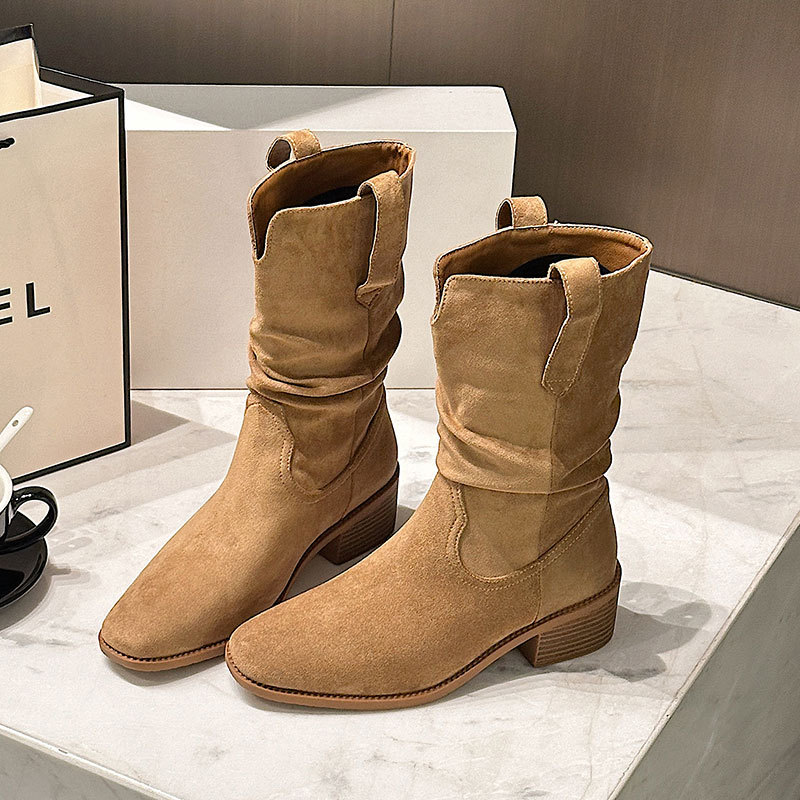 8cm增高V口褶皱堆堆靴女真皮短靴
