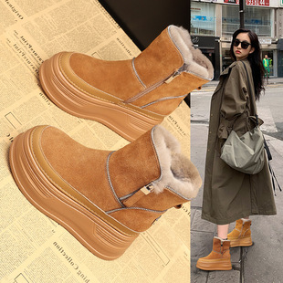 厚底雪地靴女款2026新款冬季加绒加厚内增高防滑真皮百搭保暖短靴