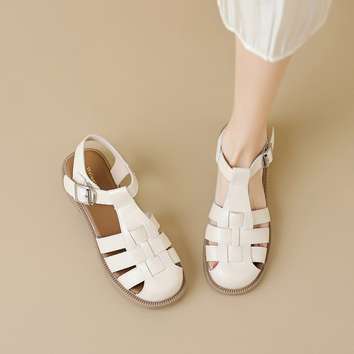 粗跟韩版编织罗马鞋复古包头凉鞋