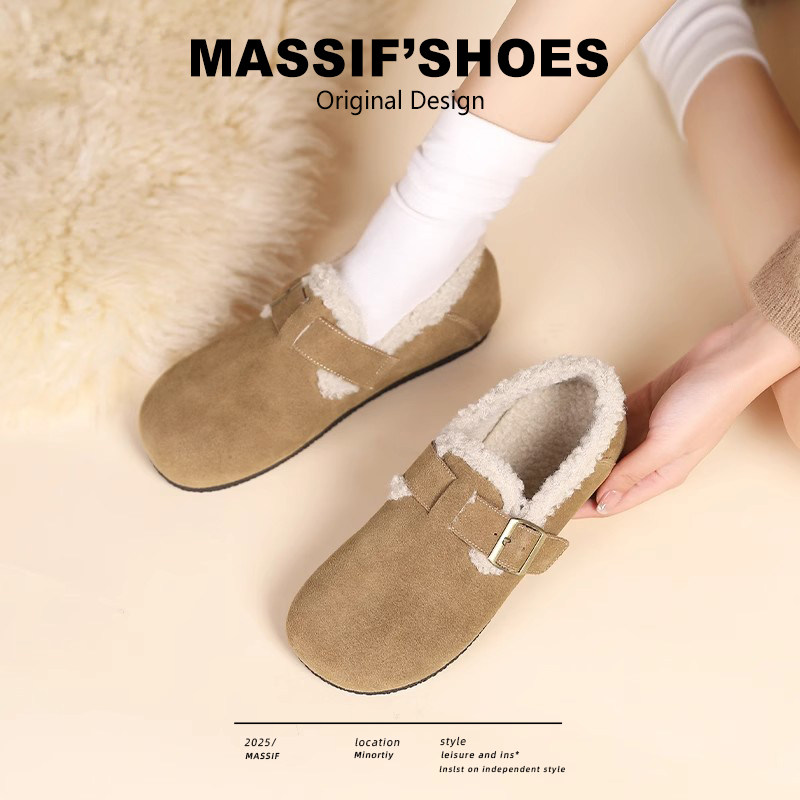 加绒勃肯鞋女款2026新款秋冬爆款真皮保暖毛毛鞋一脚蹬平底豆豆鞋