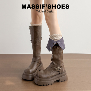 靴子美拉德长筒靴女2026新款胖mm粗腿棕色骑士靴小个子增高高筒靴