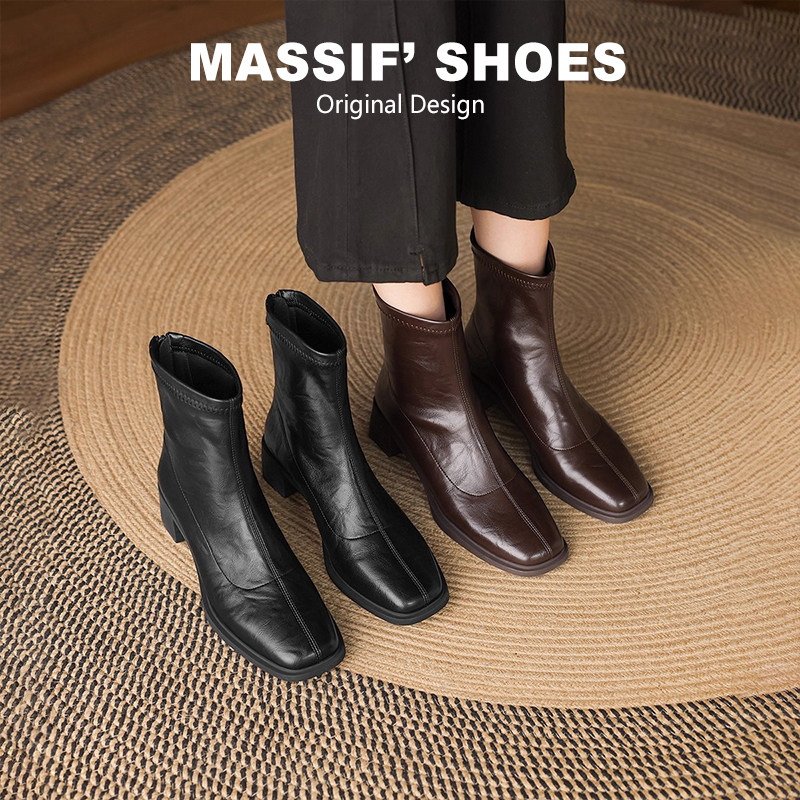 静音底黑色短靴女2026冬季新款加绒方头粗跟瘦瘦靴复古高跟马丁靴