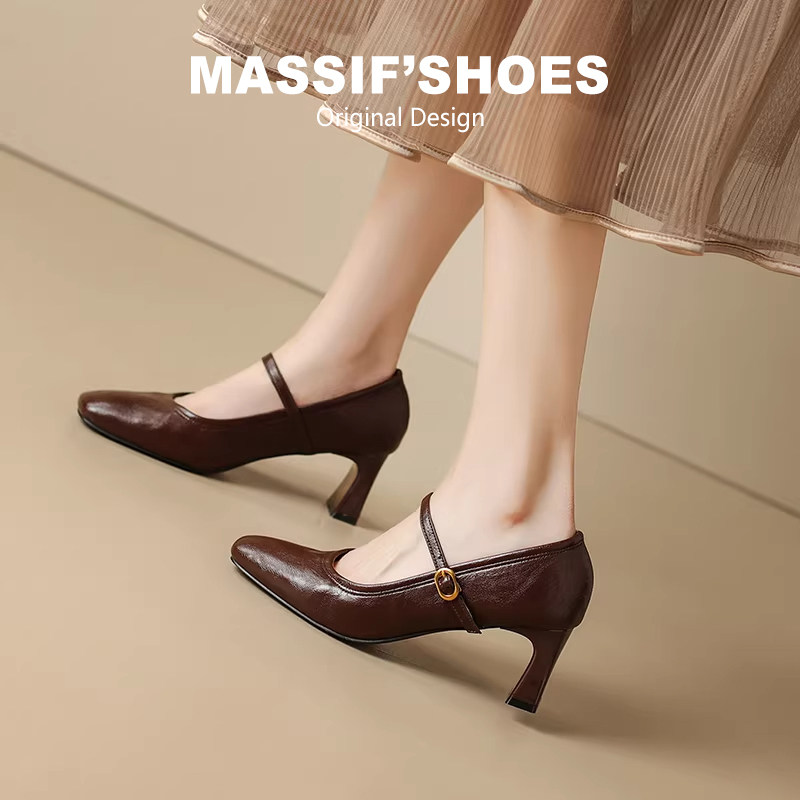 法式黑色高跟鞋女新款春复古通勤工作粗跟玛丽珍真皮单鞋大码女鞋