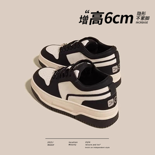 6cm增高真皮厚底小白鞋女2026新款春季加绒黑白熊猫休闲运动板鞋