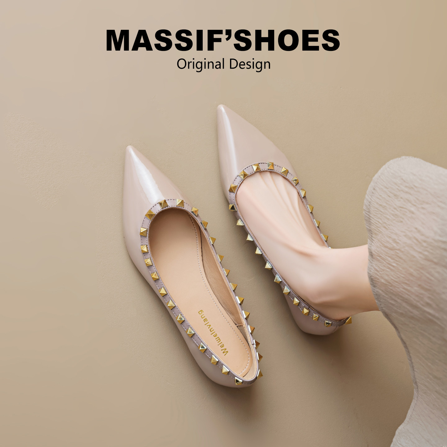 法式气质尖头单鞋女2026新款春平底浅口铆钉晚晚风配裙子软底瓢鞋