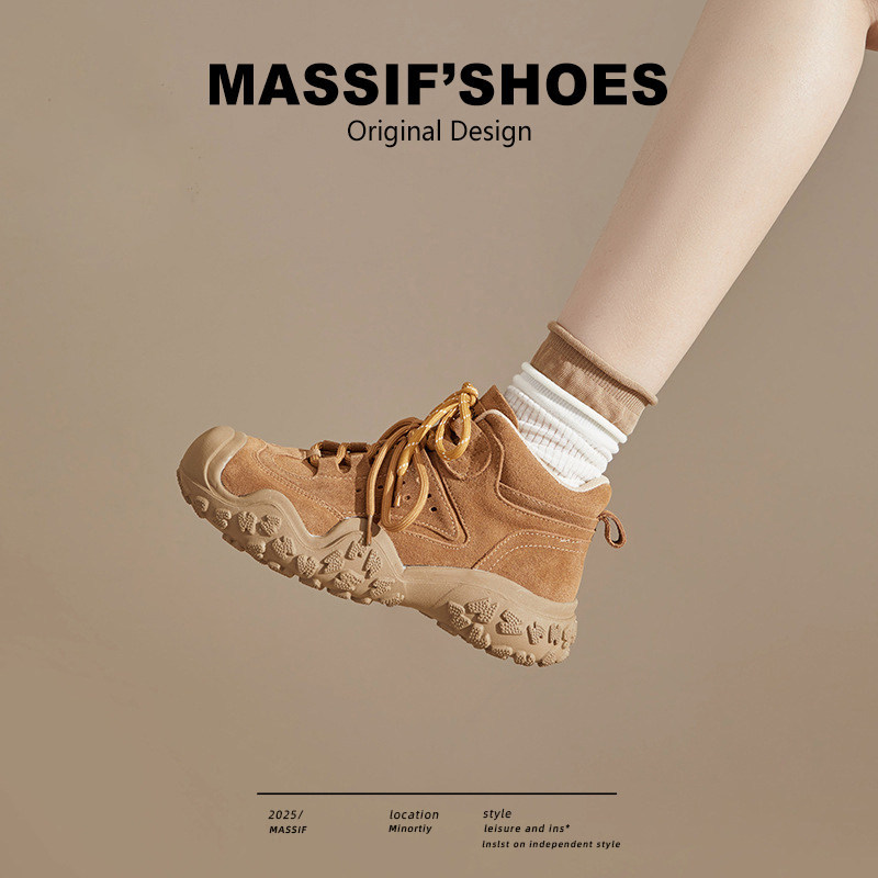 真皮厚底马丁靴女2026春新款棕色短靴复古户外徒步旅游登山沙漠靴