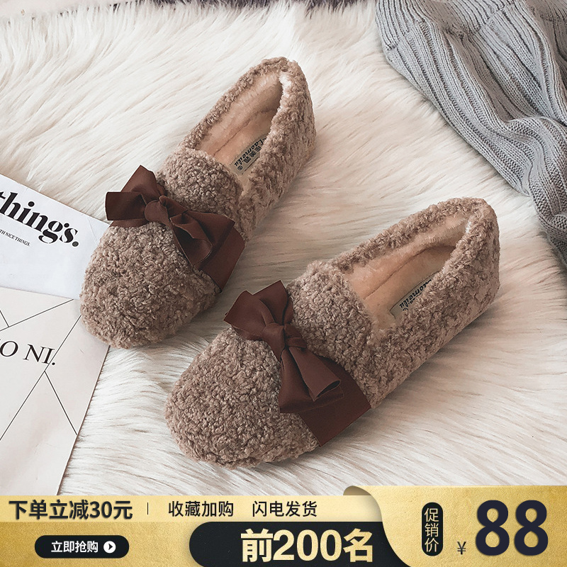 羊羔毛女鞋2023新款平底厚底大码豆豆鞋女冬加绒外穿保暖毛毛鞋女