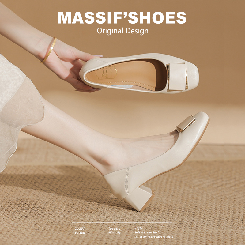 法式粗跟单鞋女真皮中跟妈妈鞋