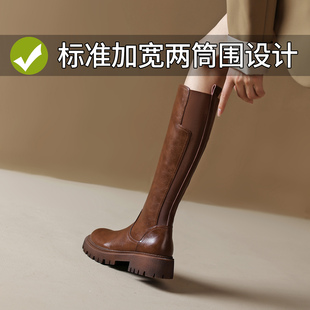 棕色长筒靴子女2026超火厚底骑士靴胖mm大筒围加绒高筒靴大码女靴
