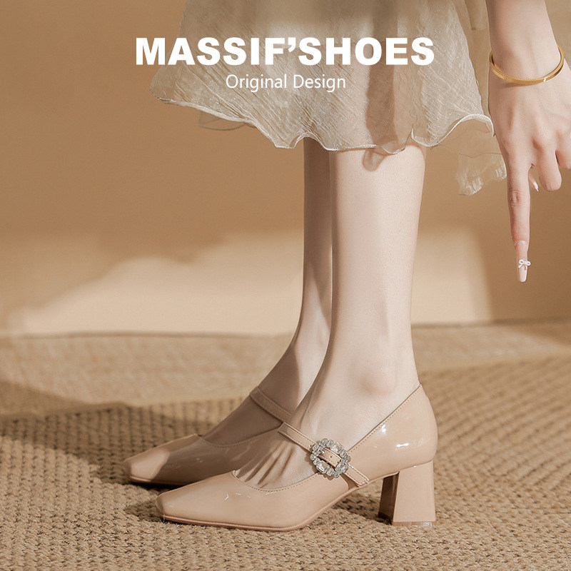 水钻裸色玛丽珍女鞋2026新款夏法式小香风粗跟单鞋复古百搭高跟鞋