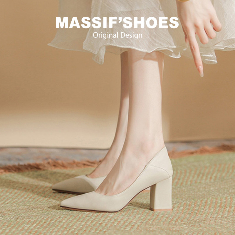 法式裸色高跟鞋女气质软皮不累脚粗跟浅口单鞋配裙子粗跟工作鞋子